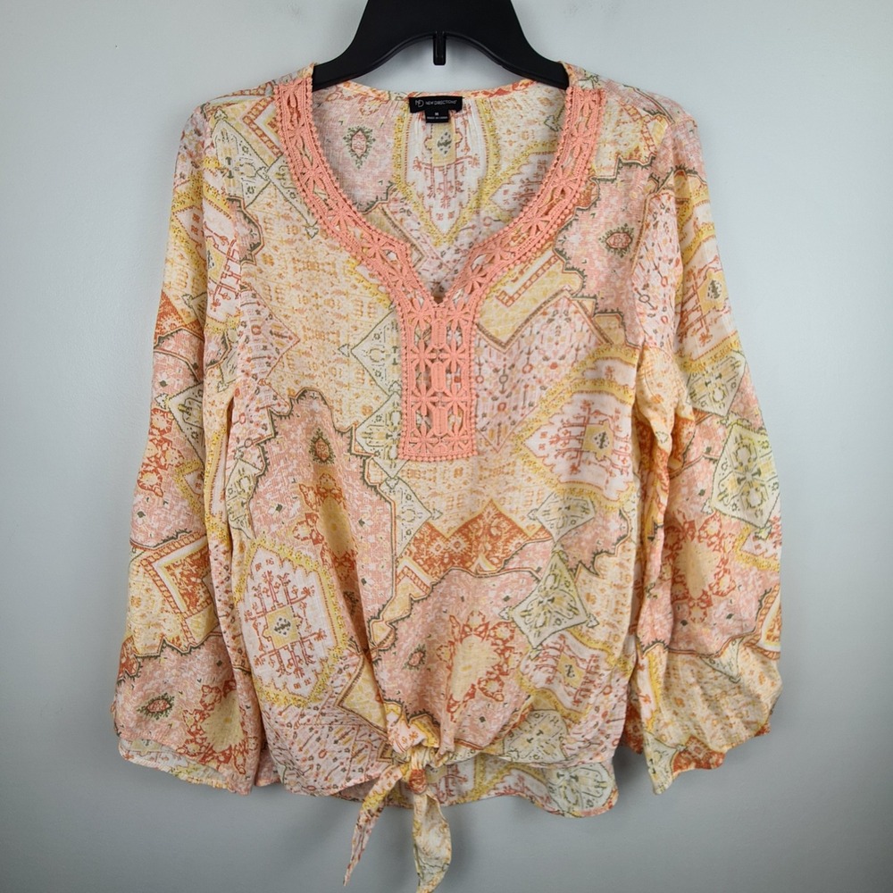 New Directions Womens Medium Peach Paisley Crochet V-Neck Tie-Front Blouse Top